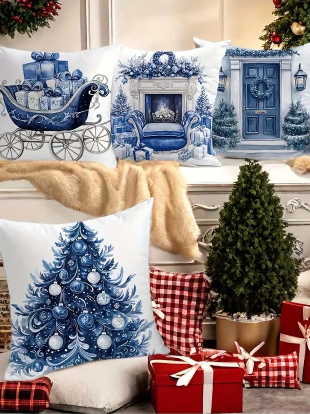 NWT-Blue Holiday Decorative Pillow Covers - Set of 4